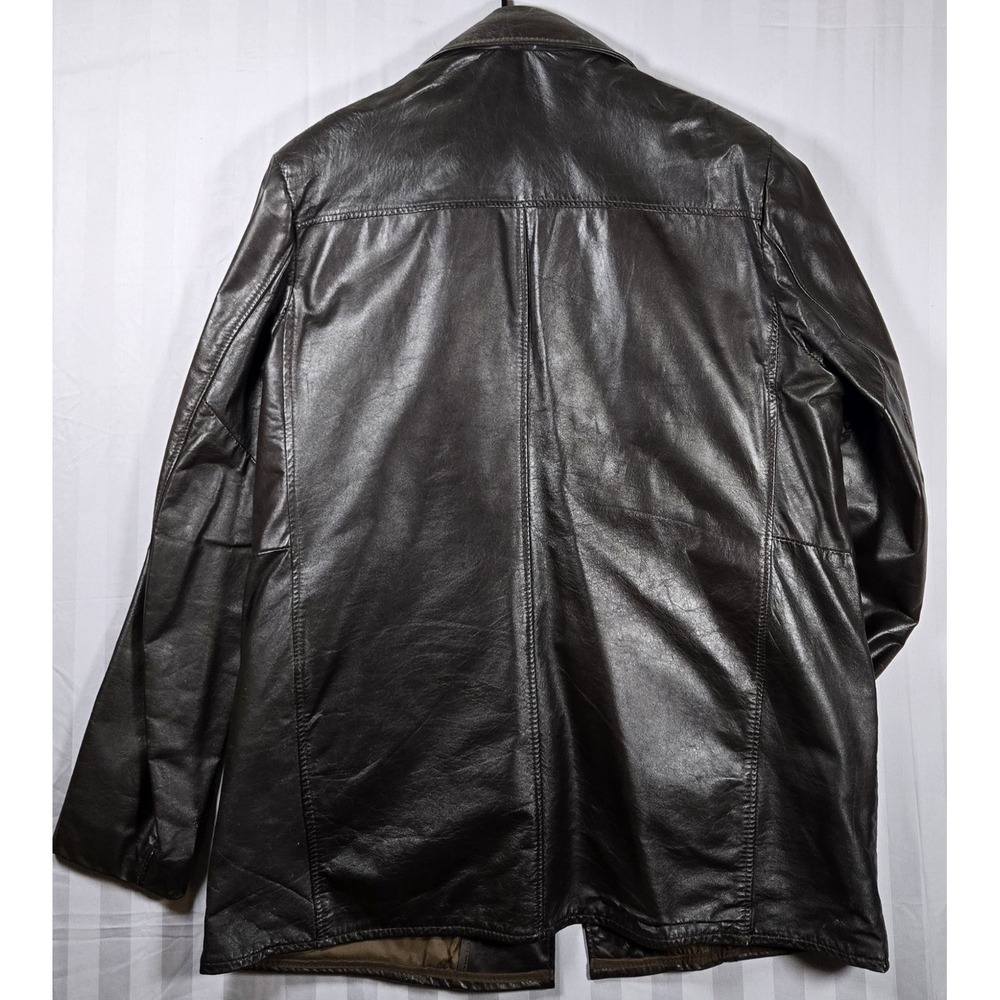 Vintage 70s Montgomery Ward MW Leather Coat 46 Tall Brown Car Coat Faux Fur Line - Picture 4 of 13